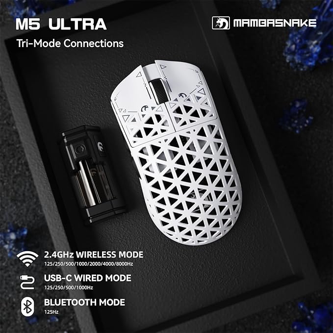 MAMBASNAKE M5 Ultra Carbon Fiber 8KHz Wireless Gaming MousePAW3950 Sensor 42K DPI39g Lightweight Tri-Mode 2.4GHz/BT/Wired Computer MiceWeb Driver Supportfor Win/Mac/FPS/MOBA/Esports-White (A)