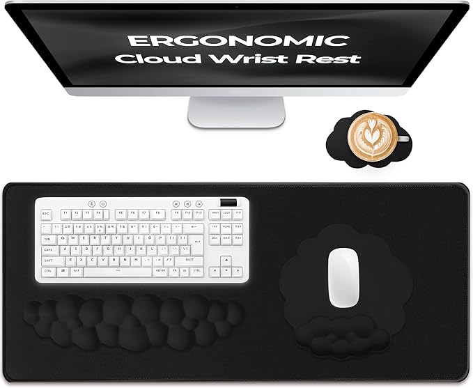Premium Quality Cloud Wrist Rest Keyboard &amp Mouse Pad Set – Ergonomic Memory Foam Desk Accessories with Wrist Support for Office &amp Gaming – Black Fabric