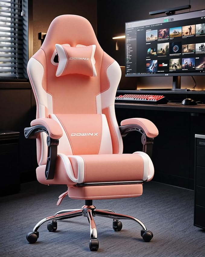 Dowinx Ergonomic Pink Gaming Chair with Footrest &amp Massage Lumbar 2D-Linkage Armrests for Cute Aesthetic Esports Chair for Girls Office Home and Long Gaming Sessions Pink