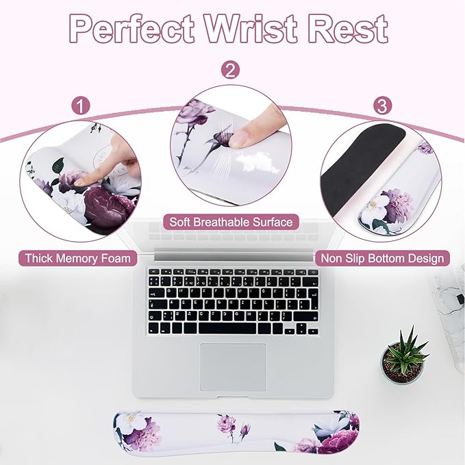 MEGREZ 4-in-1 Ergonomic Memory Foam Wrist Rest Set Desk Pad Mouse Pad with Wrist Rest Keyboard Pad Suitable for Office Workers Programmers &amp Gamers–Relieve Typing &amp Gaming Fatigue White