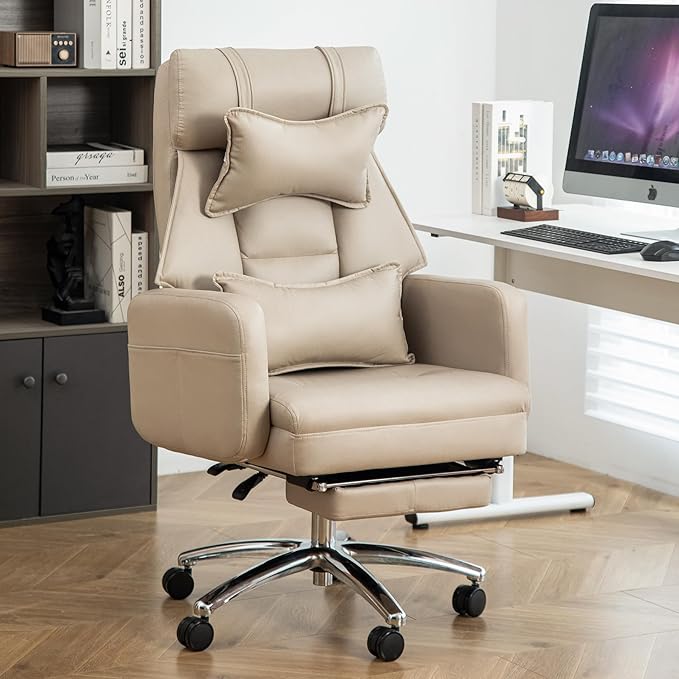 Video Game Desk ChairSwivel Ergonomic Office Chairwith Footrest and Comfy Lumbar SupportPU Leather Recliner with HeadrestFixed Up ArmrestHeight Adjustable with 360°Swivelfor Adults (Beige)
