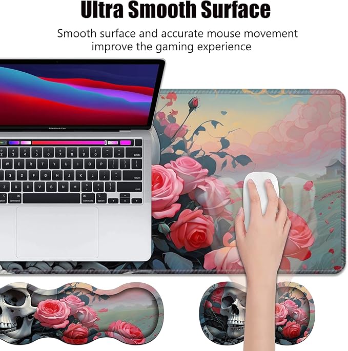 4 in 1 Ergonomic Memory Foam Mouse Pad Wrist Rest Set Large XXL Gaming Desk Pad + Keyboard Wrist Rest + Mouse Wrist Cushion + Coaster for Home Office Study Gaming Skull Roses