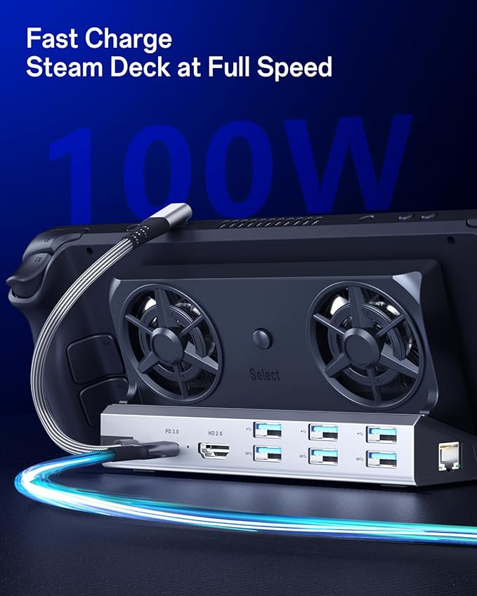 Dual Cooling Fans 12 in 1 Steam Deck Docking Station with 4K@60Hz 2.06 USB Ports1000MbpsUSB-C 100W PD40Gbps Adapter for Steam Deck/Rog Ally/Switch/Legion Go