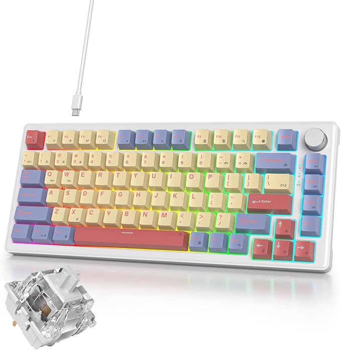 75% Cotton Candy Creamy Mechanical Keyboard Wired Creamy Sound Gasket Gaming Thocky Keyboard with Knob Hot Swappable RGB Custom Keyboard Pre-lubed Cream Switch Keyboard (82 Candyfloss)