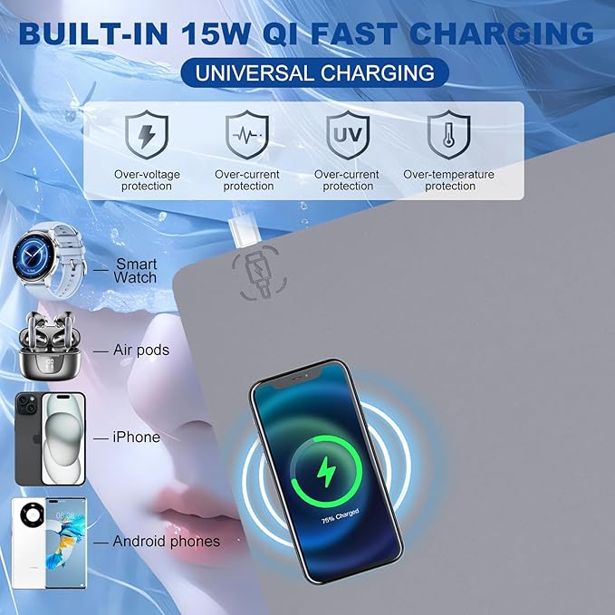 Desk Mat with Wireless Charging Grey Mouse Pad with Wireless Charger Desk Pad Matt for Desktop Mousepad Gaming Large Mouse Pad Leather Compute for Keyboard and Mouse 32 x 16
