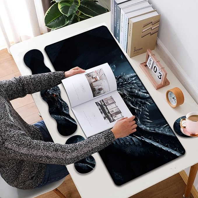4 in 1 Mouse Pad Combo Large Gaming Mouse Pad + Keyboard Wrist Support + Mouse Wrist Rest + Coaster Table Pad 31.5 x 11.8 with Memory Foam Ergonomic Wrist Pad Set Cool Dark Dragon