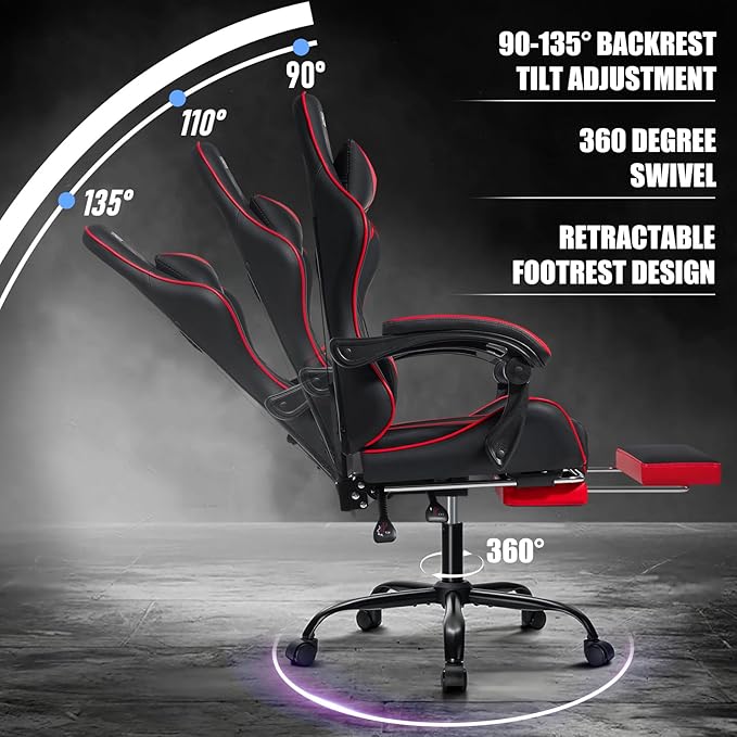 Gaming Chair with Massage Ergonomic Computer Chair with Footrest and Lumbar Support Reclining PC Game Chair for Boys with Adjustable Armrest and Headrest Red