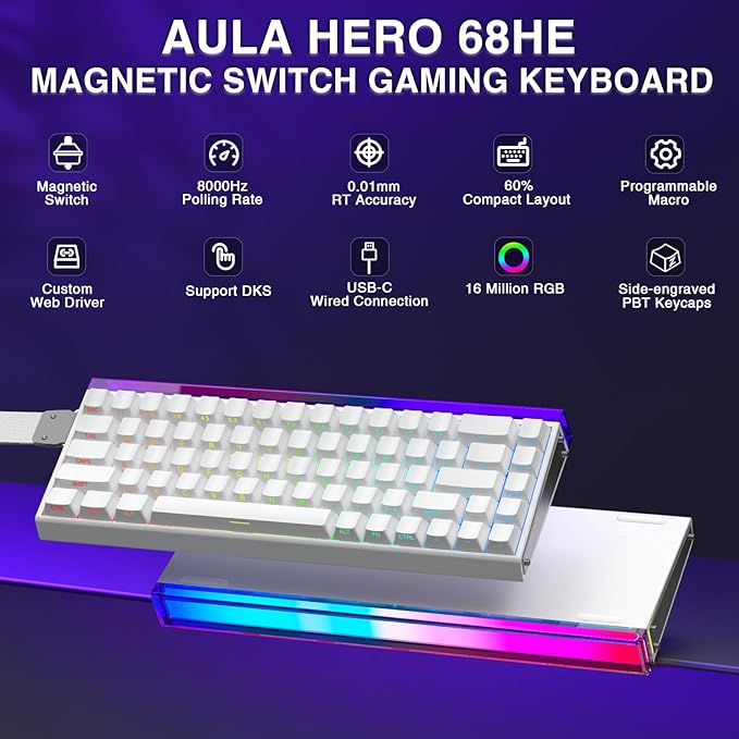 AULA Hero 68 HE 60% Gaming Keyboard Wired Hall Effect Magnetic Switch Keyboard with Adjustable Actuation Fast Trigger Mode 8K Hz Polling Rate 0.125ms LatencySide Printed PBT Keycaps RGB Backlit