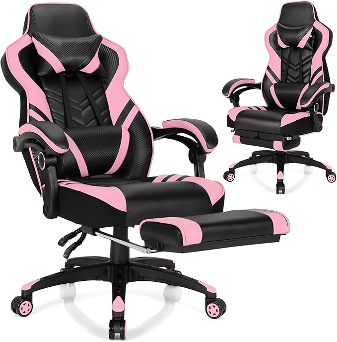 Goplus Gaming Chair Computer Chair with Footrest and Lumbar Support Height Adjustable Executive Swivel Rolling Task Chair with 90°-155° Tilt Function (Pink)
