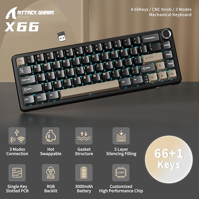 ATTACK SHARK X66 Wireless Mechanical Gaming Keyboard with KnobTri Mode USB-C/BT5.0/2.4G Gasket Mounted 60% RGB Gaming Keyboard 66KeysPBT Keycap Hot Swappable Custom Strawberry Switch(Star Black)