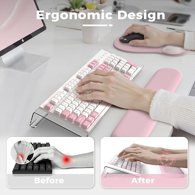 iCasso Keyboard Wrist Rest Blush Pink Ergonomic Mouse Pad with Wrist SupportAcrylic Clear Keyboard Stand for DesktopNon-Slip Mousepad Set for Office Home Gaming