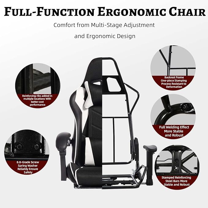 Gaming Chair with Footrest &amp Massage Comfortable Game Chair for Adults Gaming Desk Chairs with Headrest and Lumbar Cushion for Work and Study Adjustable Height Ergonomic (Black+White)
