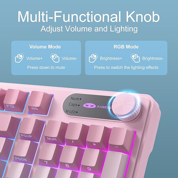 MageGee GK960 Wireless Gaming Keyboard RGB Tri-Mode Wired/BT/2.4G Creamy Keyboard with Number Pad 4000mAh Battery Knob Control Side Printed Keycaps 19-Key Anti-Ghosting for Win/Mac (Pink &amp Wh