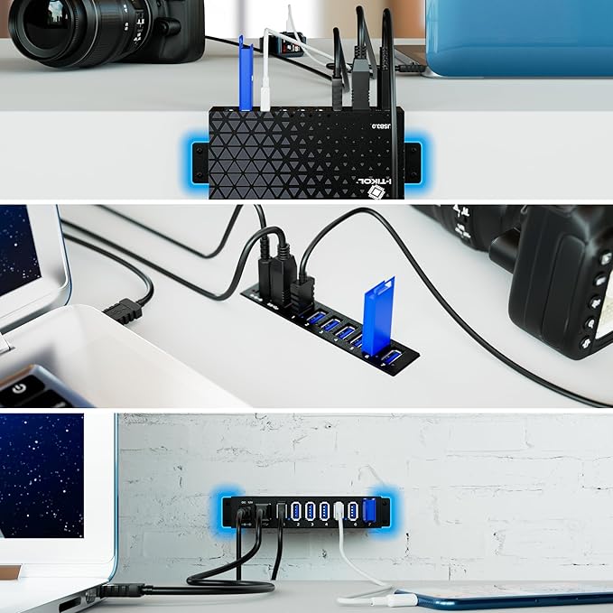 7 Port USB 3.0 Hub - Powered USB Hub –Multiple USB Splitter with Built-in 12V/3A/36W Power Adapter - Up to 5Gbps Sync &amp High-Speed Data Transfer - Mounting Brackets for Phone MB Laptop Tablet PC