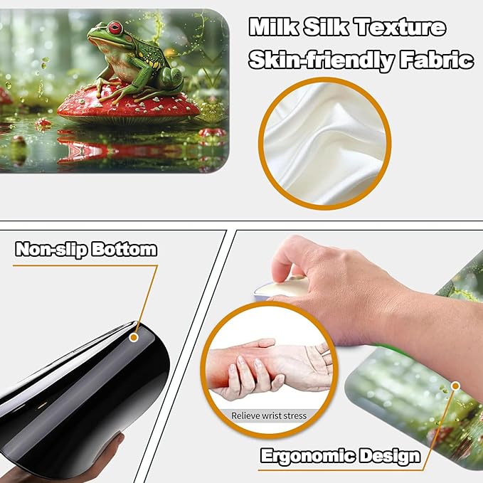 Mushroom Cute Frog Desk Mat - Large Game Mouse Pad + Wrist Rest Ergonomic Anti-Slip Memory Foam for Home Office Gaming (23.611.8in)