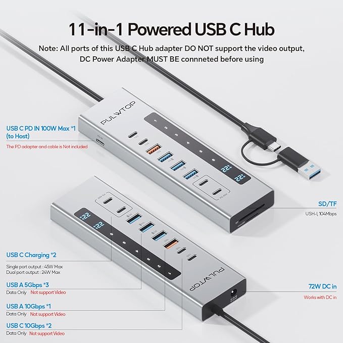Powered USB C Hub PULWTOP 11-in-1 USB Hub with SD/TF 2*USB-C 10Gbps 4*USB-A 5/10Gbps and 2 * 24/45W Type-C PD Charging Ports (Not Support Video) USB Powered Hub (72W DC Adapter Included)