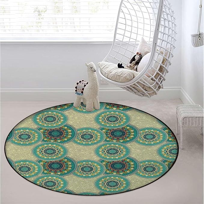 Green Yellow Round Area Rug for Bathroom Kitchen Room Indoor Vintage Throw Rugs Carpets Floor Mats Home Decor Oriental Motif with Mix of Retro Circle Diameter 59 in