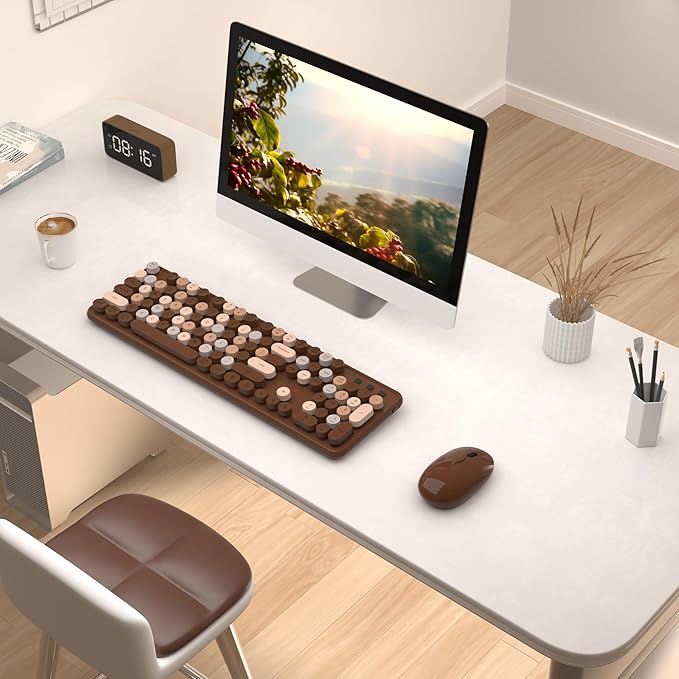 Colorful Wireless Keyboard and Mouse Combo COVEVA 2.4GHz Wireless Retro Cute Round Keycaps Keyboard 104 Keys Full-Sized Keyboard Mouse Set with Switch Button for PC Laptop Desktop (Brown Colorful)