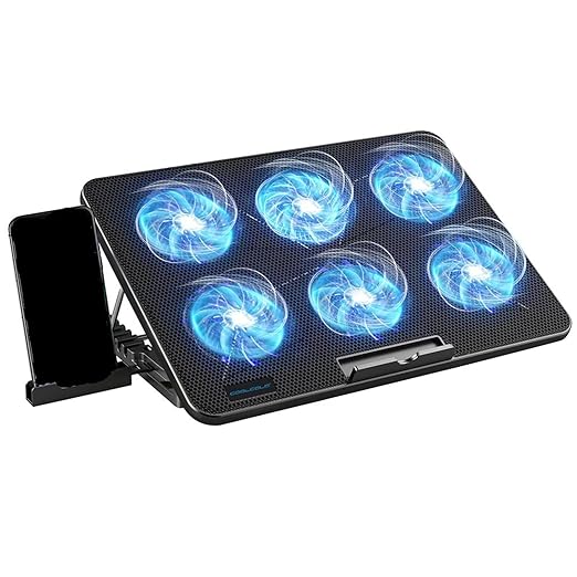 Compatible for 15.6-17.3 Inch Laptops Cooling Pad with 6 Quiet Fans Adjustable Height and Wind Speed Includes Phone Holder