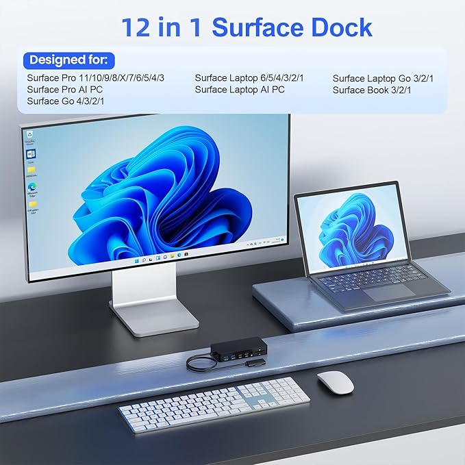 New Surface Dock Triple Displays 4K HDMI+DP+Thunderbolt 4 12 in 1 Surface Pro Docking Station with 120W Power Adapter for Surface Pro 11/10/9/8/X/7/6/5/4/3 Surface Laptop Surface Book Go