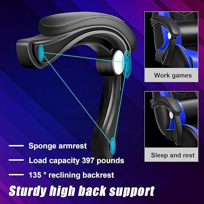Gaming Chair Office Chair with Foot Rest Pocket Spring Cushion Speakers Ergonomic Chair Massage Chair Multiple Led Light Gaming Chairs for Adults 350lbs Black Blue