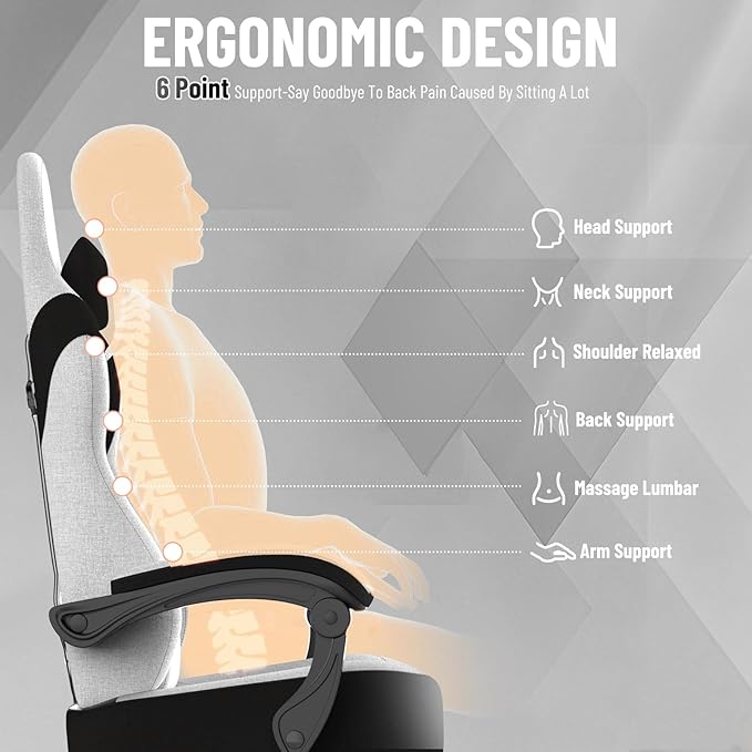 Ferghana Cotton Fabric Gaming Chair with Wider Seat Cushion Shield-Shaped Embroidery Ergonomic High Back Game Chair with Footrest Computer Chair with Massage Lumbar Support for Adult White