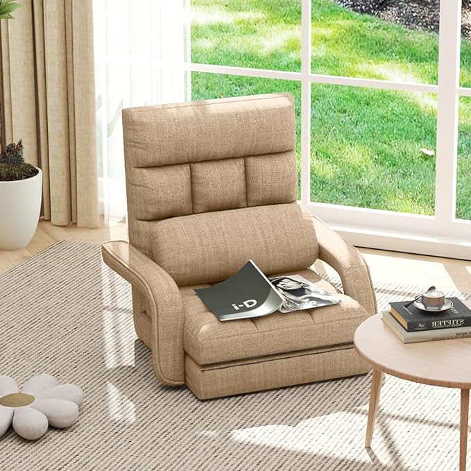 Floor Gaming Chair 6 Position Adjustable Indoor Chaise Lounge Chair for Teens Adults Padded Folding Meditation Sofa with Armrests and Pillow Comfy Chair for Teens Adults Pets - Light Camel