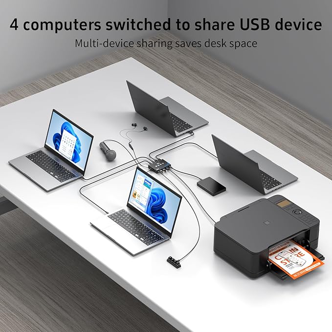 eKL USB 3.2 Switch for 4 Computers 2 USB-C+2 USB-A 10Gbps Inputs Share 1 USB-C+3 USB-A Peripherals Like Mouse Keyboard Printer Scanner with 3.5mm Mic Headphone Jack Includes 4 Cables &amp Control