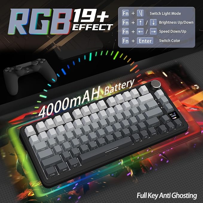 ATTACK SHARK X85 Pro Wireless Mechanical Gaming Keyboard with TFT Screen &amp Knob Hot-Swappable BT5.1/2.4Ghz/USB-C RGB Backlit Gasket Mount Gradient Side-Print PBT Keycaps for Win/PC/MAC-Moon Night