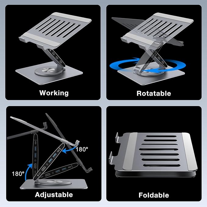 Adjustable Laptop Stand for Desk with Docking Station 9-in-1 Aluminum Laptop Riser with USB Hub 360° Swivel Dual Display 4K60Hz HDMI 3 USB3.0 100W PD Charging for MacBook Pro Air/Dell/HP 7-15.6