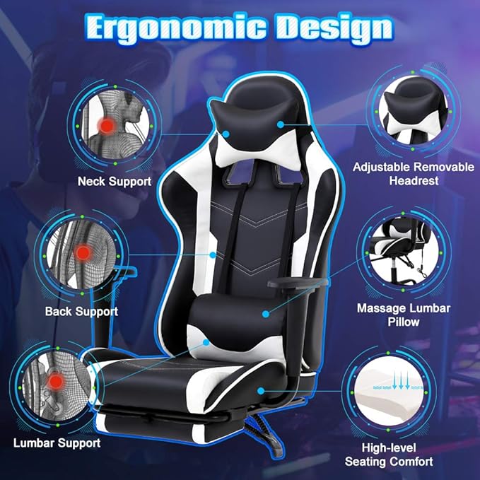PC Gaming Chair High Back Executive Office Chair Pu Leather Computer Chair Racing Lumbar Support Slide-Out Footrest Adjustable Swivel Video Game ChairWhite…