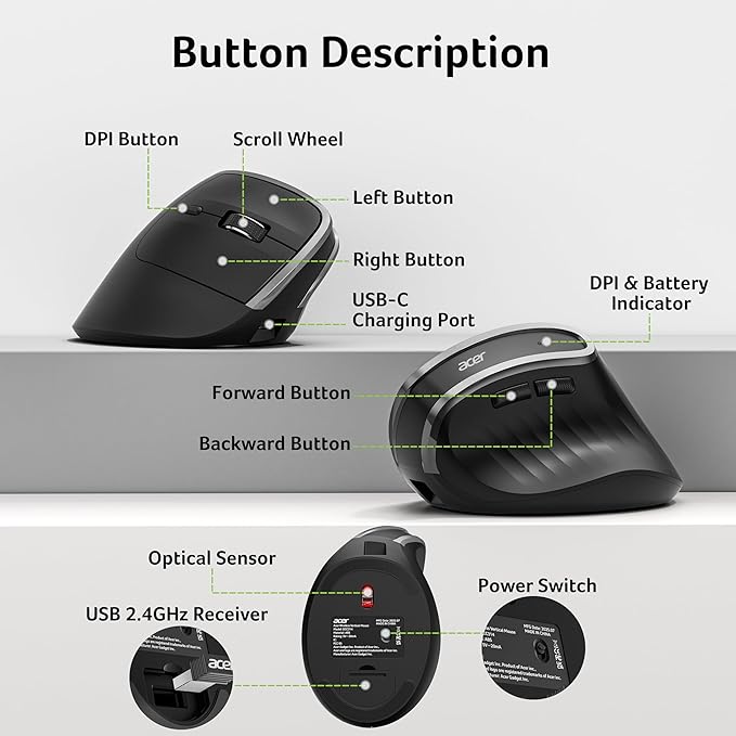acer Ergonomic Mouse Wireless Vertical Computer Mouse for Office Ergo Mice Rechargeable for Medium to Large Sized Hands 2.4GHz USB Receiver 800/1200/1600 DPI 6 Buttons for Laptop PC and Desktop