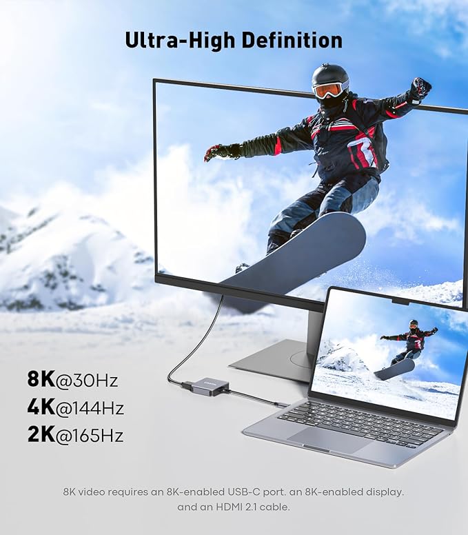USB C to HDMI 2.1 Adapter with 100W USBC Charging Port Supports [8K 4K@120Hz/60Hz HDR] 48Gbps Thunderbolt to HDMI Adapter Compatible for Laptop iPhone 15/16 Switch 1/2 Steam Deck