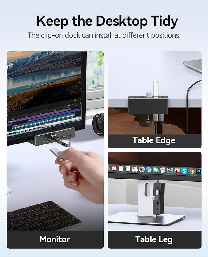 ORICO Clip Docking Station 8-in-1 Clamp USB C Hub with 4K@60Hz HDMI 100W PD Gigabit Ethernet 4xUSB Port AUX 10Gbps Clamp Docking Station for Laptop MacBook PC (Adapter Not Included)