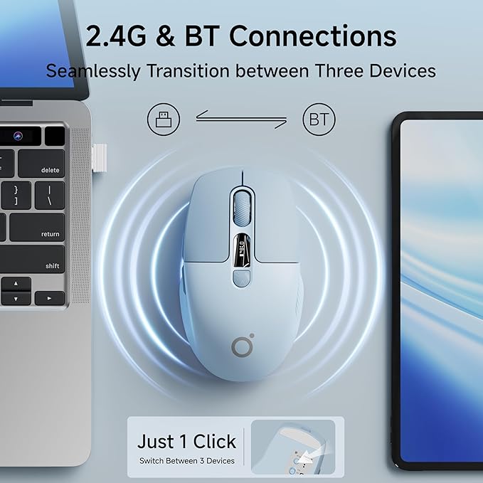 EWEADN Q1 Wireless Mouse BT &amp 2.4G Silent Mouse Quiet Click with 1600 DPI Levels Battery &amp DPI LED Screen Display 6 Button Small Portable Bluetooth Mouse for Laptop/PC/Mac-Blue