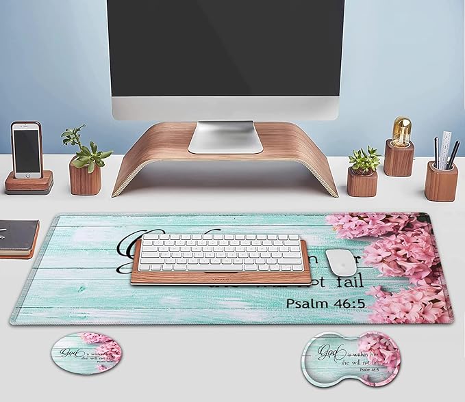 Large Mouse Pad Extended Office Desk Pad 31.5x11.8in Ergonomic Memory Foam Mouse Wrist Rest Support for Home Office Computer Writing Pad Cute Psalm 46：5 Pink Hyacinth Pattern XXL Gaming Mouse Mat