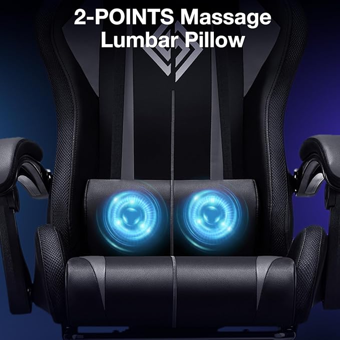 Gaming Chair with Bluetooth Speakers and LED RGB Lights Ergonomic Massage Computer Gaming Chair with Footrest High Back Music Video Game Chair with Lumbar Support Grey and Black