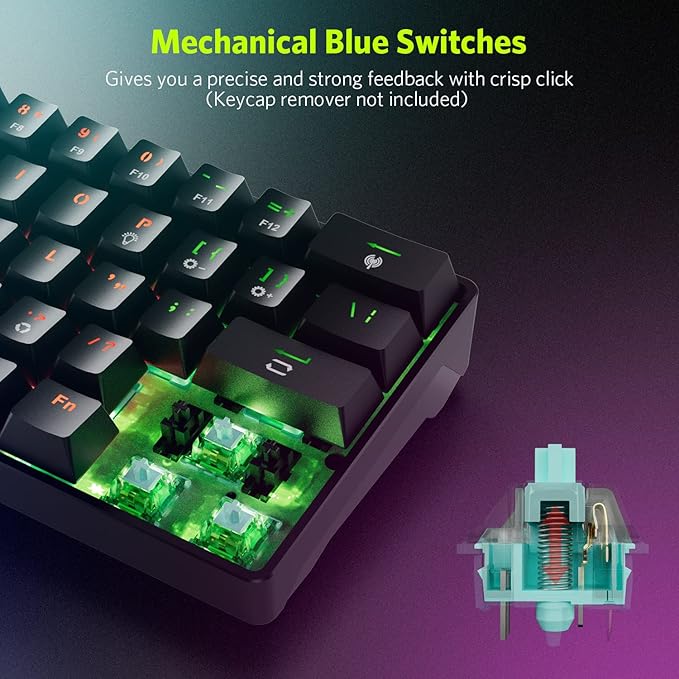 61 Keys RGB Wireless and Wired Mechanical Gaming Keyboard with Blue Switches Audible Click Sound Rainbow Portable Compact Mini Office Keyboard for Windows PC Gaming (F-SG61)