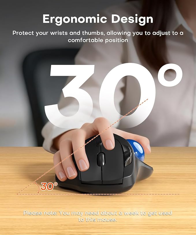 Ergonomic Wireless Trackball Mouse 3 Device Connection (Bluetooth or 2.4G USB Receiver) Bluetooth Quiet Computer Mouse 2*AAA Battery Thumb Laptop Mice with 5 Level DPI for PC/Laptop/Mac/Windows Blue