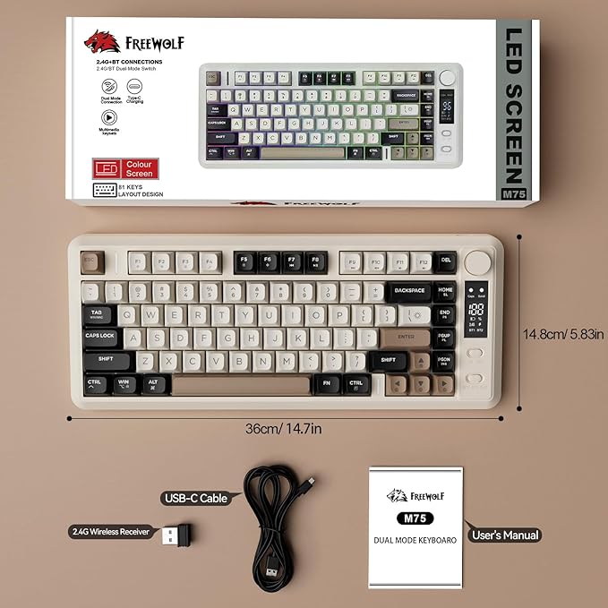 ZIYOU LANG M75 Wireless Gaming Keyboard RGB Backlit Rechargeable 2000mAh Battery Small Membrane But Mechanical Feel Keyboard with Smart Display &amp Knob PBT Gradient keycaps for PC MAC - Cheese