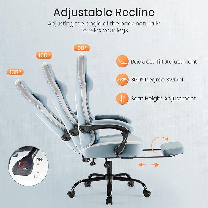 Sweetcrispy Video Game Chair - High Back Ergonomic Computer Desk Chair with Footrest &amp Lumbar Support Height Adjustable Task Chair with Linkage Armrests and Headrest 360° Swivel Wheels Blue