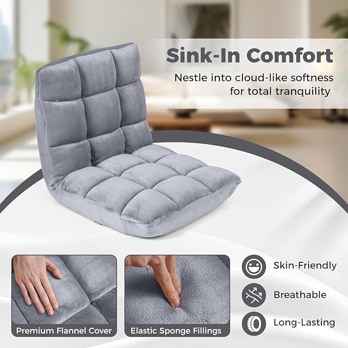 COSTWAY Floor Chair Video Gaming Chairs with Back Support Adjustable 14-Position Alloy Steel Frame Lazy Sofa Lounge Recliner for Adults Kids (Silver Grey)