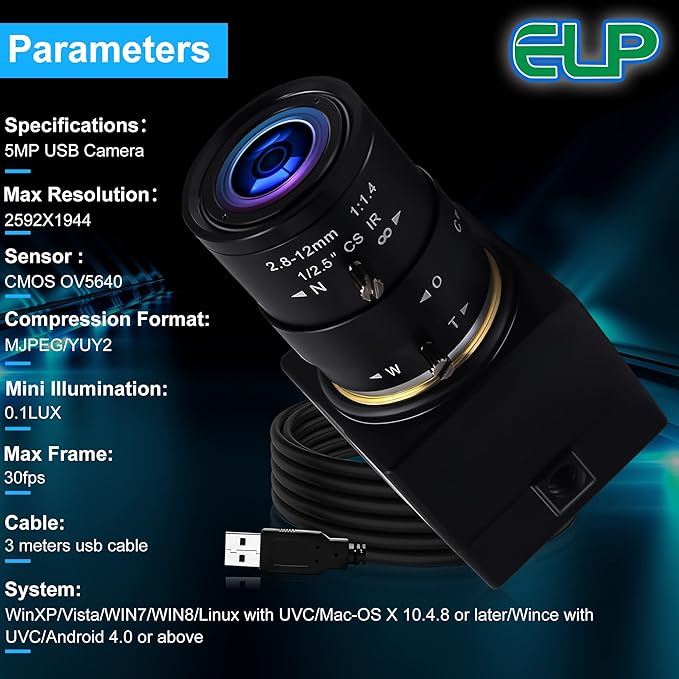 5mp USB Camera with Zoom 2.8-12mm Lens Webcam Variable Focus PC Camera Mini UVC USB2.0 USB with Camera for Computer Manual Zoom Close-up Camera Industrial Varifocal Web Camera for Raspberry Pi Laptop