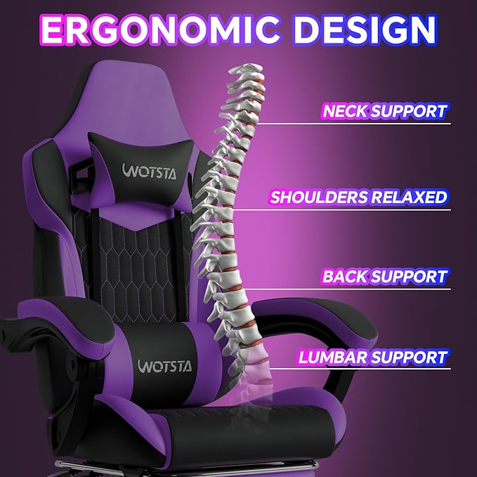 Gaming Chair with Footrest High Back Gaming Chairs PVC Leather Ergonomic Gamer Chair with Adjustable Headrest Lumbar Support Racing Style Video Gaming Chair for Office/Home (Purple)