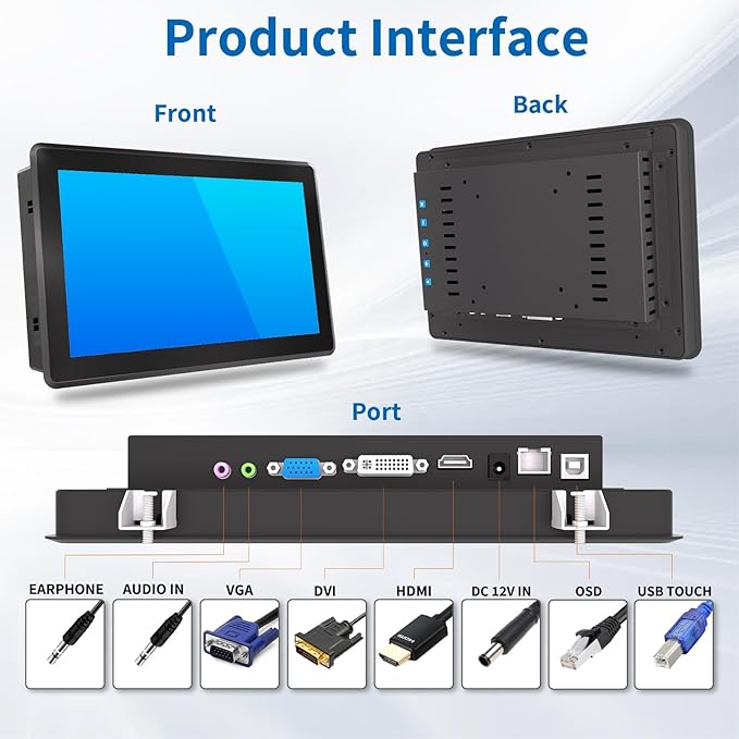 10.1 Inch Industrial Touch Screen Monitor 10 Points Touch Ratio 16:10 Capacitive PCAP Display 1280 x 800R Active Matrix TFT LCD LED Backlight VGA DVI HD-MI Ports