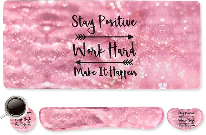 DINKY Keyboard Mouse Pad Set Large Gaming Mousepad + Memory Foam Ergonomic Keyboard Wrist Rest Support Easy Typing Pain Relief 4Pcs (35.4 x 15.7) Extended Desk Mat -Pink Glitter Letters