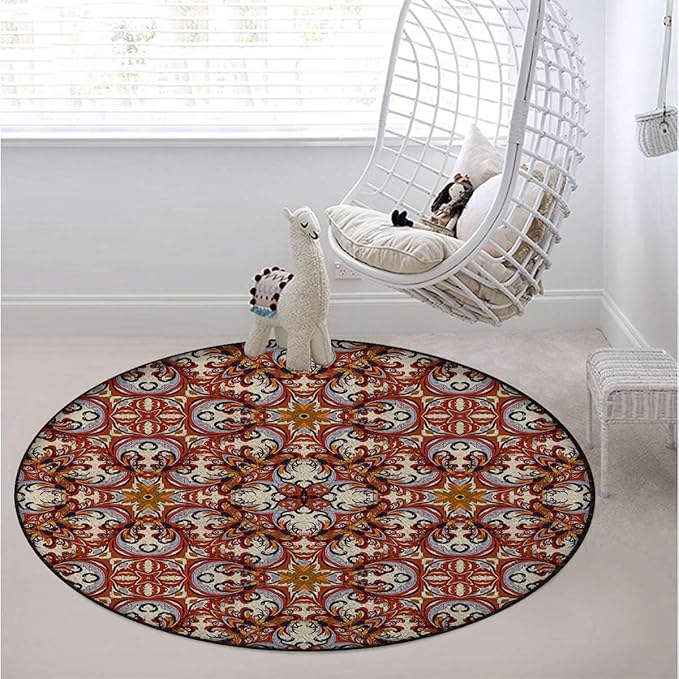Multicolor Gaming Chair Mat Round Floor Mats for Office Chair Computer Gaming Desk Mat for Rolling Chair Non-Slip Gaming Rug Floral Middle Eastern Bouquet Print Diameter 35.4 in