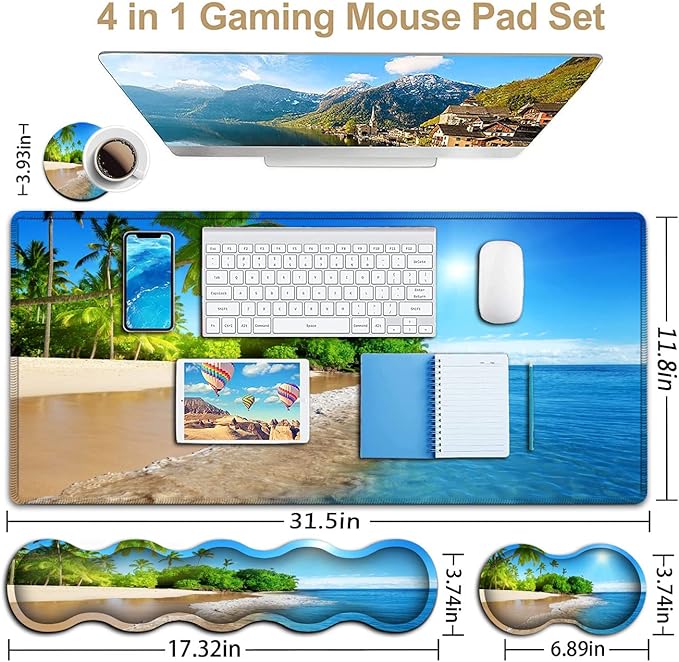 Office Desk Pad Large Mouse Pad(31.5 x 11.8) Laptop Desk Table Protector Extended Writing Mat Ergonomic Memory Foam Keyboard Wrist Rest SupportTropical Palm Sea Beach View Gaming Mouse Pad Set