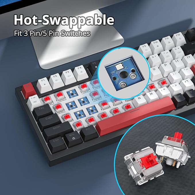 75 Percent Keyboard Gasket-Mounted with Sound Absorbing Pads 82-Key Compact Wired RGB Mechanical Gaming Keyboard Hot-Swap Socket for Win White
