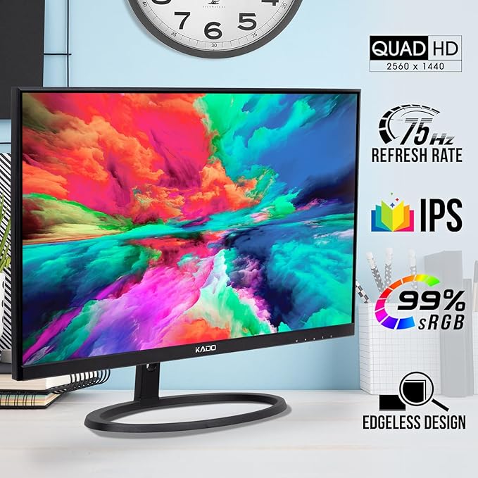 Kado Dual Monitor Setup - 2-Pack 27-inch 2560x1440 Quad HD Computer Monitor 75Hz VESA Mount Edgeless HDMI Office Gaming Hybrid Built-in Speakers